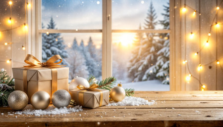 Cozy Christmas scene with gift boxes, baubles, and string lights on wooden windowsill. Snow-covered evergreens visible outside create magical holiday atmosphere perfect for seasonal marketing.の素材