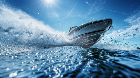 High-energy marine action shot featuring luxury speedboat jumping through sparkling ocean waves with dramatic water spray against vibrant blue sky and sunburstの素材