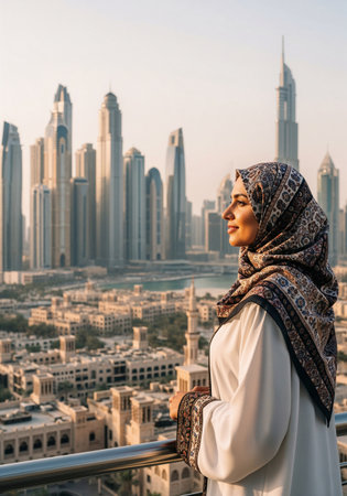 Beautiful woman wearing ornate patterned hijab gazing at Dubai's iconic skyscrapers from high-rise balcony. Perfect for travel, cultural diversity, modern Middle East lifestyle campaigns.の素材