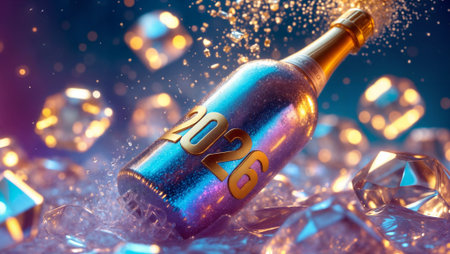 Luxurious holographic champagne bottle with 2026 text surrounded by sparkling ice cubes and golden light effects. Perfect for New Year marketing, celebration campaigns, and premium beverages...の素材