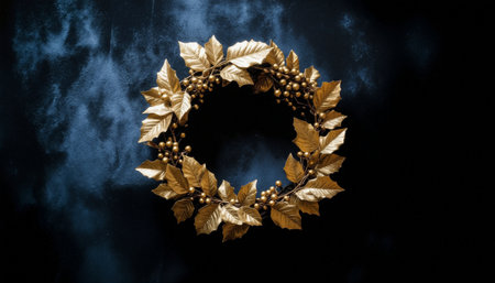 Elegant metallic gold wreath with ornate leaves and berries on rich dark blue textured backdrop. Perfect for luxury branding, holiday marketing, premium product displays, and sophisticated design...の素材