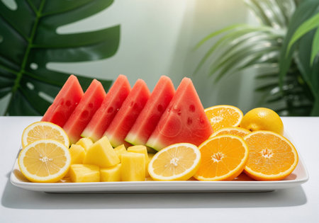 Fresh summer fruit arrangement with watermelon triangles, orange and lemon slices, pineapple chunks on white serving tray. Tropical monstera leaves create natural backdrop for healthy eating content.の素材
