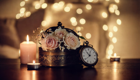 Elegant still life featuring antique timepiece, decorative metal container with pink roses, flickering candles, and warm bokeh lighting for luxury lifestyle and romance themesの素材