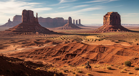 Breathtaking Monument Valley landscape featuring towering red sandstone formations and expansive desert terrain. Perfect for travel, tourism, nature documentaries, and outdoor adventure marketing.の素材