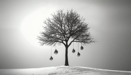 Artistic black and white image of leafless tree with decorative baubles suspended from branches in snowy landscape. Perfect for holiday concepts, minimalist design, winter themes.の素材