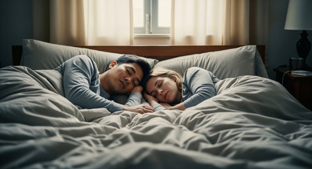 Intimate portrait of relaxed couple resting in comfortable bed with natural window lighting. Perfect for relationship, wellness, lifestyle and home comfort marketing campaigns.の素材