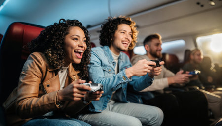 Joyful young adults playing video games with controllers on airplane, laughing and having fun during travel. Perfect for gaming, entertainment, friendship, and travel industry marketing.の素材