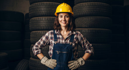Smiling woman mechanic in yellow hard hat, plaid shirt and overalls poses confidently in tire shop. Perfect for automotive industry, workplace safety, and female empowerment campaigns.の素材