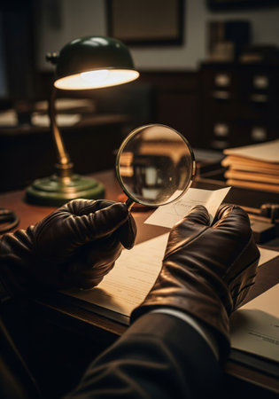 Gloved hands holding magnifying glass over documents in moody detective office setting. Warm lamp lighting creates dramatic shadows. Perfect for mystery, investigation, research concepts.の素材