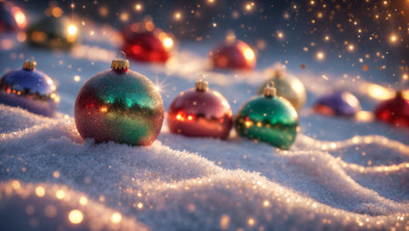 Colorful festive baubles in emerald, crimson, and azure tones rest gracefully on sparkling white snow. Warm golden lights create dreamy bokeh effects perfect for seasonal marketing campaigns.の素材