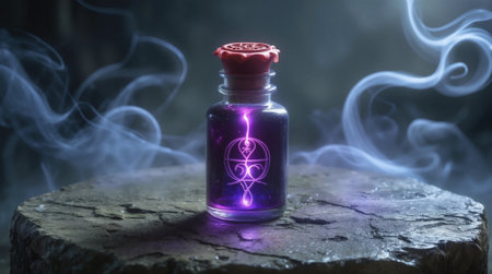 Fantasy-themed glass bottle containing luminous purple liquid with ornate symbol, positioned on aged stone surface with mystical smoke effects.の素材