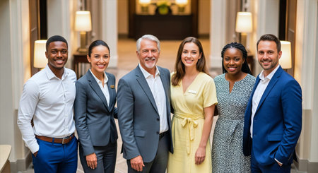 Six professional hotel staff members in business attire standing together in elegant lobby setting. Perfect for hospitality industry marketing, team building concepts, and diversity campaigns.の素材