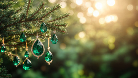 Elegant emerald green crystal ornaments hanging from natural pine tree branches with warm golden bokeh background, perfect for luxury holiday marketing, jewelry displays, and premium seasonal contentの素材