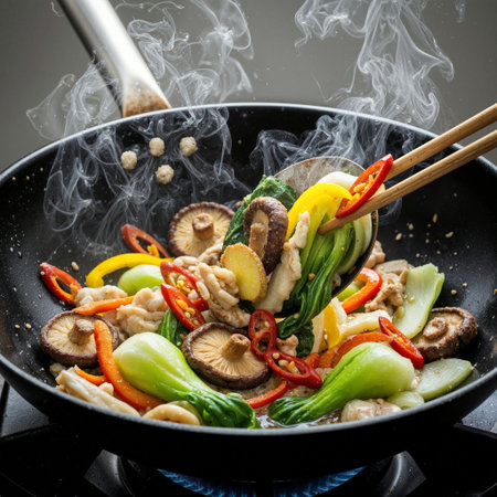 Dynamic culinary action shot capturing fresh vegetables, mushrooms, and peppers being stir-fried in traditional wok with chopsticks and dramatic steam effects for food marketingの素材
