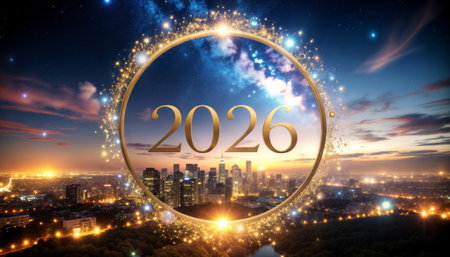 Enchanting circular golden frame suspended over illuminated city skyline at twilight, featuring sparkling particle effects and celestial atmosphere perfect for branding mockupsの素材