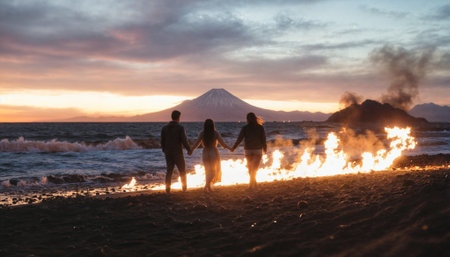 Powerful scene of friendship and adventure featuring three people holding hands beside roaring beach bonfire. Dramatic volcanic landscape, crashing waves, and golden sunset create epic atmosphere.の素材