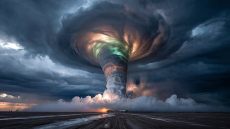 Powerful tornado with swirling funnel cloud featuring luminous green and orange colors from lightning strikes. Dramatic storm system over open landscape with dark clouds and atmospheric lighting.の素材