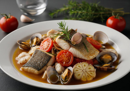 Elegant white plate showcasing premium seafood dish with golden-crusted fish, opened clams, cherry tomatoes, roasted garlic and rosemary in rich broth. Perfect for upscale dining content.の素材