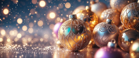 Elegant metallic Christmas baubles with intricate patterns create magical holiday atmosphere. Perfect for seasonal marketing, greeting cards, festive advertising campaigns, and winter celebrations...の素材
