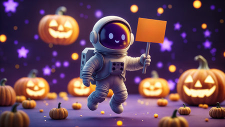 Adorable astronaut figure floating in magical space scene with carved pumpkins, holding 'BOO FROM MARS' sign. Perfect for Halloween marketing, children's content, space themes, and festive campaigns.の素材