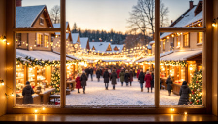 Magical view through wooden window frame showcasing illuminated Christmas market with snow-covered rooftops, warm golden lights, and holiday shoppers creating cozy winter sceneの素材