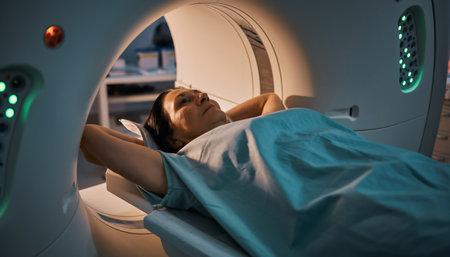 Elderly female patient lying comfortably on CT scanner table during medical imaging examination. Modern radiology equipment with green alignment lights creates professional healthcare atmosphere.の素材