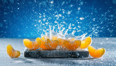 Dynamic high-speed capture of citrus segments creating dramatic water explosion on stone surface. Perfect for food advertising, beverage campaigns, and refreshing summer marketing materials.の素材