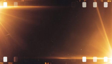 Authentic 35mm film scan featuring warm amber light leaks, silver grain texture, and sprocket holes. Perfect for retro overlays, vintage effects, and nostalgic design projects.の素材
