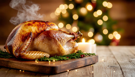 Beautifully prepared whole roasted turkey with golden brown crispy skin remaining on wooden cutting board, garnished with fresh herbs, steam rising, warm bokeh lightsの素材