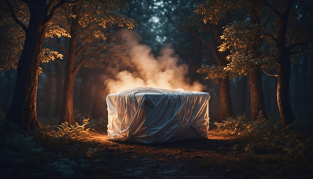 Surreal artistic concept featuring luminous white silk-draped package releasing golden vapor among towering trees. Perfect for luxury branding, mystery themes, and conceptual advertising.の素材
