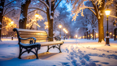 Serene snow-laden park bench illuminated by warm golden street lights during blue hour twilight. Perfect for winter lifestyle, seasonal marketing, holiday campaigns, and peaceful solitude concepts.の素材
