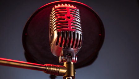 Vintage chrome microphone with ribbed grille illuminated by warm red theatrical lighting. Perfect for music industry, broadcasting, podcast, and entertainment concepts.の素材
