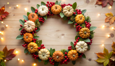 Beautiful handcrafted Thanksgiving wreath with orange and white mini pumpkins, red cranberries, sage leaves on weathered wood. Perfect for holiday marketing, seasonal decor, and autumn celebrationの素材