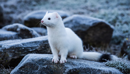 Stunning white ermine in winter coat standing alert on rocky outcrop. Perfect for wildlife, nature, seasonal adaptation, and arctic environment content.の素材