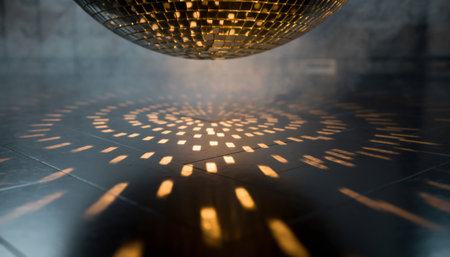 Mesmerizing disco ball creates stunning golden light reflections on glossy black floor. Perfect for nightlife, entertainment, party concepts, retro themes, and celebratory marketing campaigns.の素材