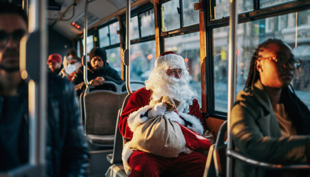 Whimsical scene of Santa Claus in traditional red suit traveling on public transit with gift bag, surrounded by regular passengers.の素材