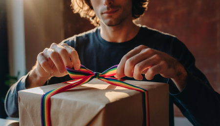 Close-up of person delicately wrapping gift box with colorful rainbow ribbon in warm natural lighting. Perfect for holiday marketing, celebration campaigns, and diversity themes.の素材