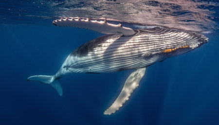 Stunning underwater view of majestic humpback whale swimming gracefully with outstretched fins, perfect for marine conservation, wildlife documentaries, and nature publicationsの素材