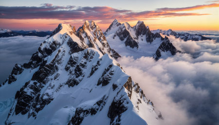 Dramatic alpine peaks emerge from sea of clouds during golden hour sunrise. Snow-covered ridges and ice formations create stunning contrast against colorful sky.の素材