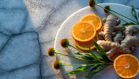 Artfully composed wellness still life featuring fresh orange slices, raw ginger root, and echinacea flowers on elegant marble backdrop with warm natural lighting for health and nutrition contentの素材