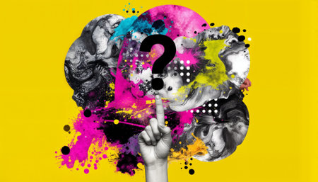 Dynamic mixed media collage featuring hand gesture pointing up, question mark symbol, brain silhouette with colorful paint splashes on bright yellow backdrop. Perfect for creativity concepts.の素材