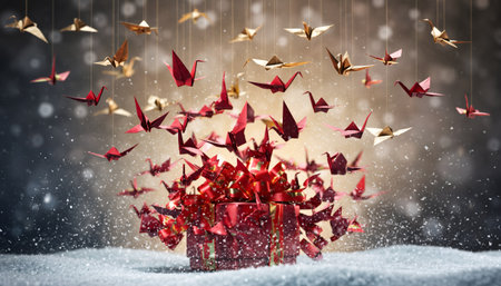 Enchanting holiday scene with red gift box bursting open to release dozens of paper crane birds in flight. Sparkling snow effects and warm lighting create magical atmosphere.の素材
