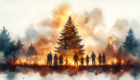 Dreamy watercolor illustration showing family silhouettes holding hands around glowing Christmas tree. Soft candlelight creates magical atmosphere perfect for holiday cards, seasonal marketing.の素材