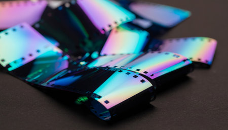 Scattered holographic film negatives displaying vibrant rainbow spectrum colors with metallic iridescent finish on dark background, perfect for creative design projectsの素材