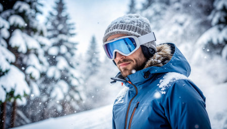 Professional winter sports portrait featuring skier in blue jacket with protective goggles, captured mid-snowstorm with dramatic motion blur and sharp facial focus for outdoor gear campaignsの素材