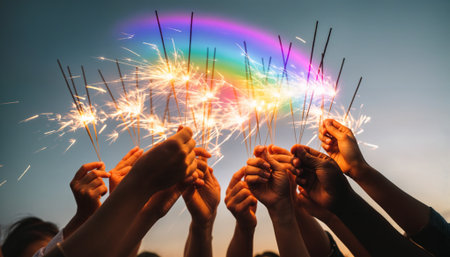 Multiple hands of varying skin tones hold bright sparklers creating vibrant rainbow bokeh effects at dusk. Perfect for diversity, celebration, teamwork and unity concepts.の素材