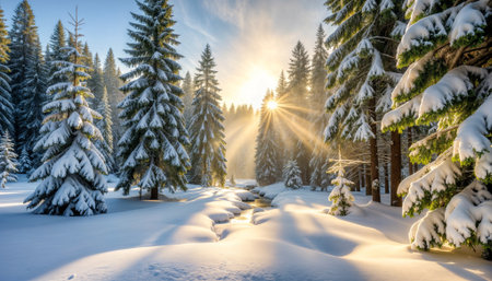 Breathtaking winter forest scene with snow-laden pine trees and warm golden sunlight streaming through branches. Perfect for holiday cards, nature calendars, and seasonal marketing campaigns.の素材
