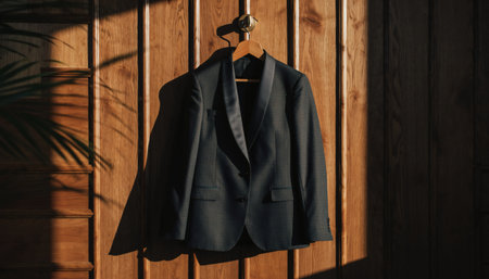 Premium black formal jacket hanging against warm wood paneling with artistic shadow patterns. Perfect for luxury fashion, menswear, wedding, and formal event marketing.の素材