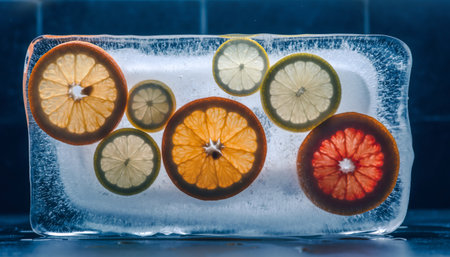 Artistic arrangement of colorful citrus fruit slices frozen inside transparent ice block. Features orange, lime, lemon and grapefruit with cool blue ambient lighting creating stunning visual contrast.の素材