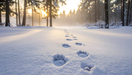 Perfect paw prints trail through untouched snow in peaceful forest clearing with warm sunlight filtering through evergreen trees, creating magical winter atmosphereの素材